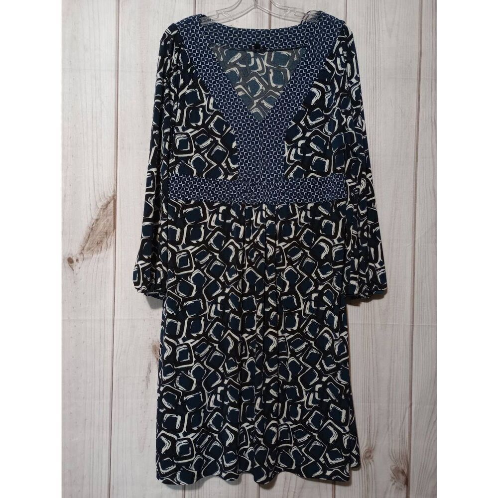 Nine West Women XL Navy Blue Geometric Square Print V-Neck Empire Waist Dress